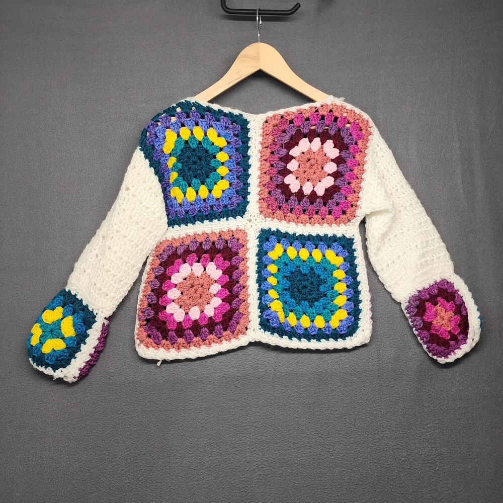Handmade Crochet Sweater Youth Small White Multicolor Granny Square Boho Retro